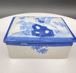 Blue White Japanese Porcelain Box, Hand-Painted Bird & Florals